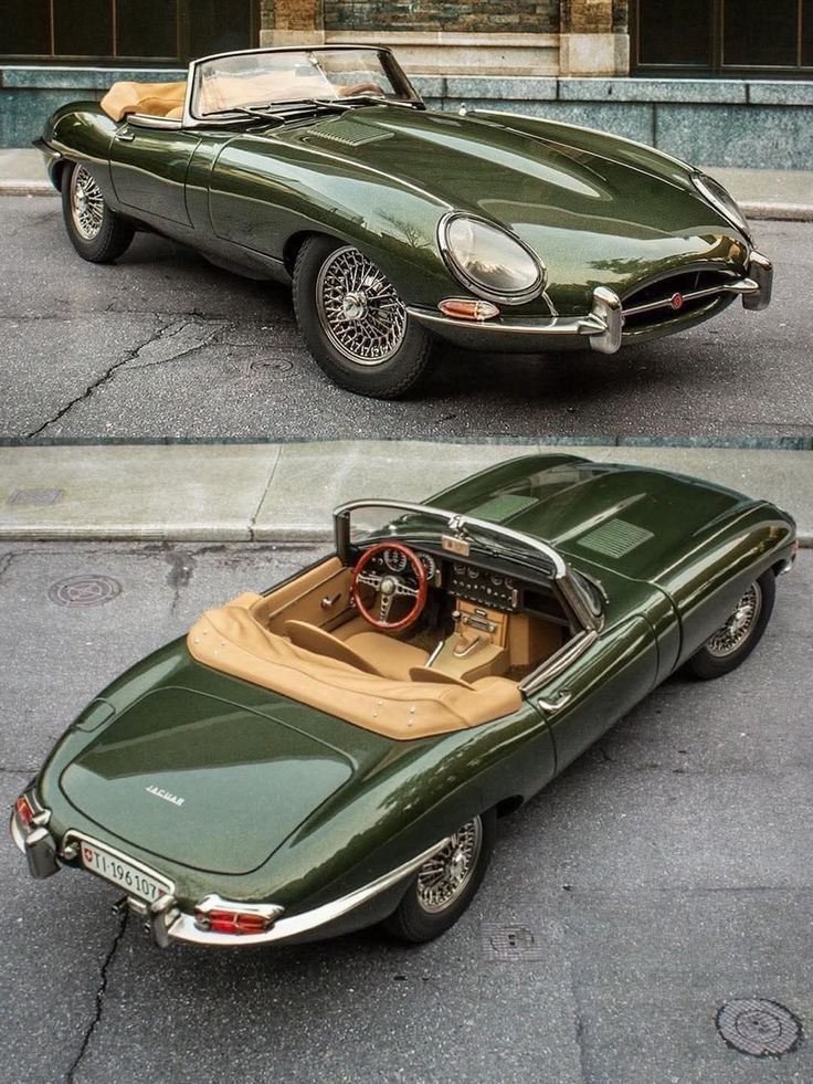 Ein dunkelgrüner Jaguar E-Type aus zwei Perspektiven